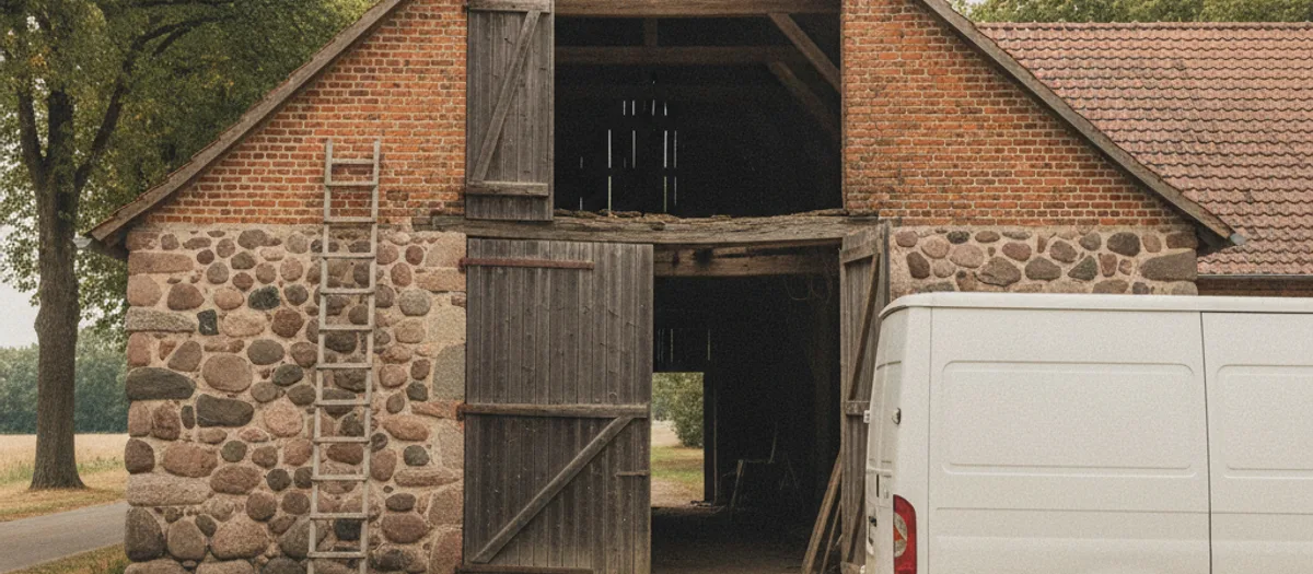 Offenes Scheunentor einer märkischen Hofstelle aus Feldstein und Backstein, daneben steht ein Möbelwagen