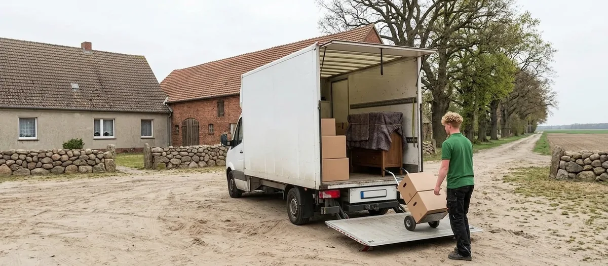 Eine Umzugskraft rollt eine Sackkarre mit Kartons auf die abgesenkte Ladebühne, dahinter gestapelte Kartons und abgedeckte Möbel