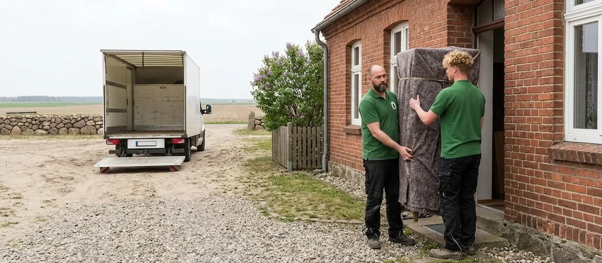Zwei Träger tragen einen in Decken gewickelten Kleiderschrank aus einem Einfamilienhaus in Gutengermendorf zum wartenden Transporter.